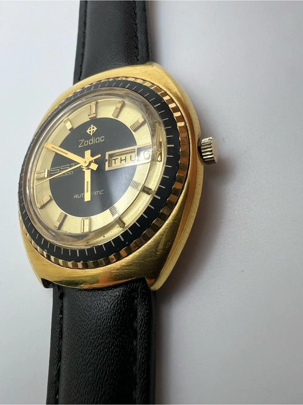 Zodiac Gold Tone Watch with Black Dial